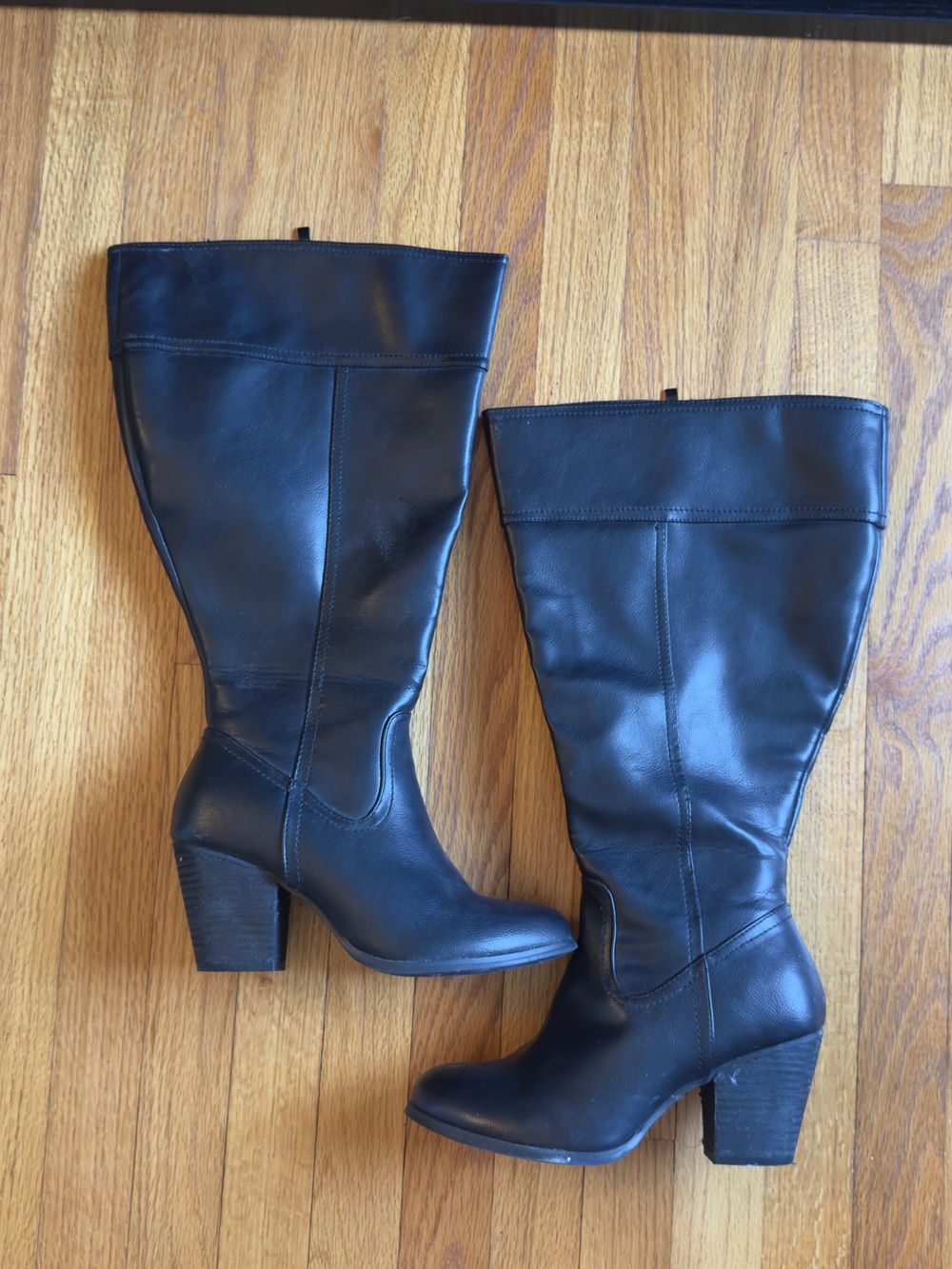 Women's Black Leather Wide Calf Block Heel Boots